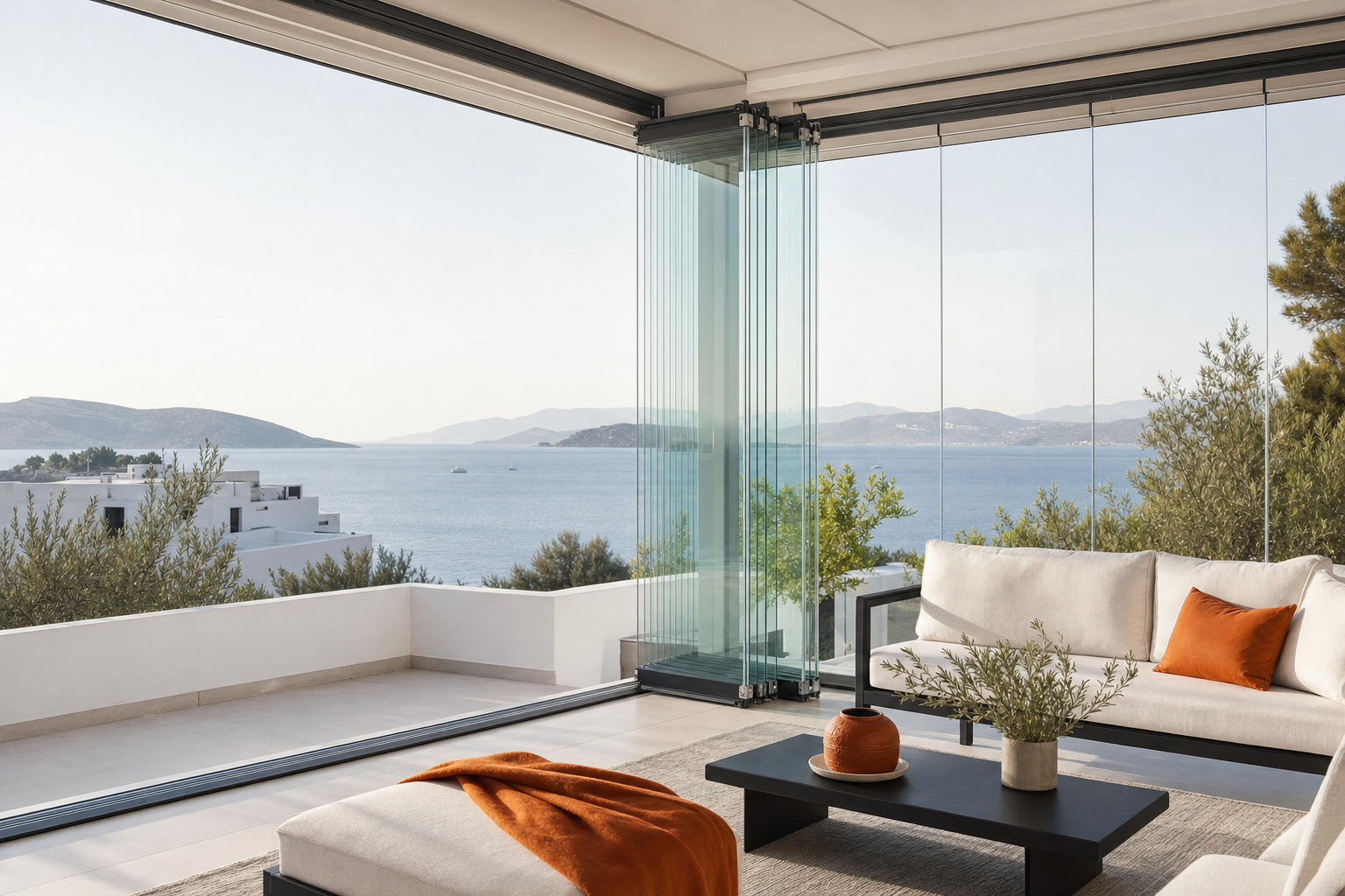 Deniz manzaralı bir balkonda katlanır cam balkon sistemi